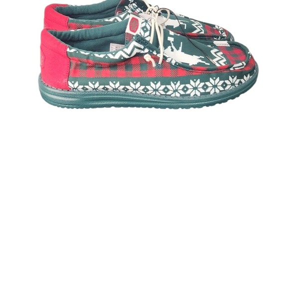 Hey Dude Wally Holiday Cheers Green Multi Snowflake Plaid Slip On Shoes Mens M11